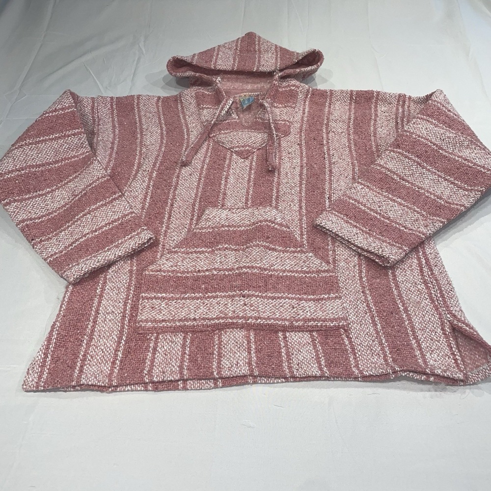 Muzu Mexican Baja Hoodie Pink White Striped Jerga Pullover Mens Large Mexico